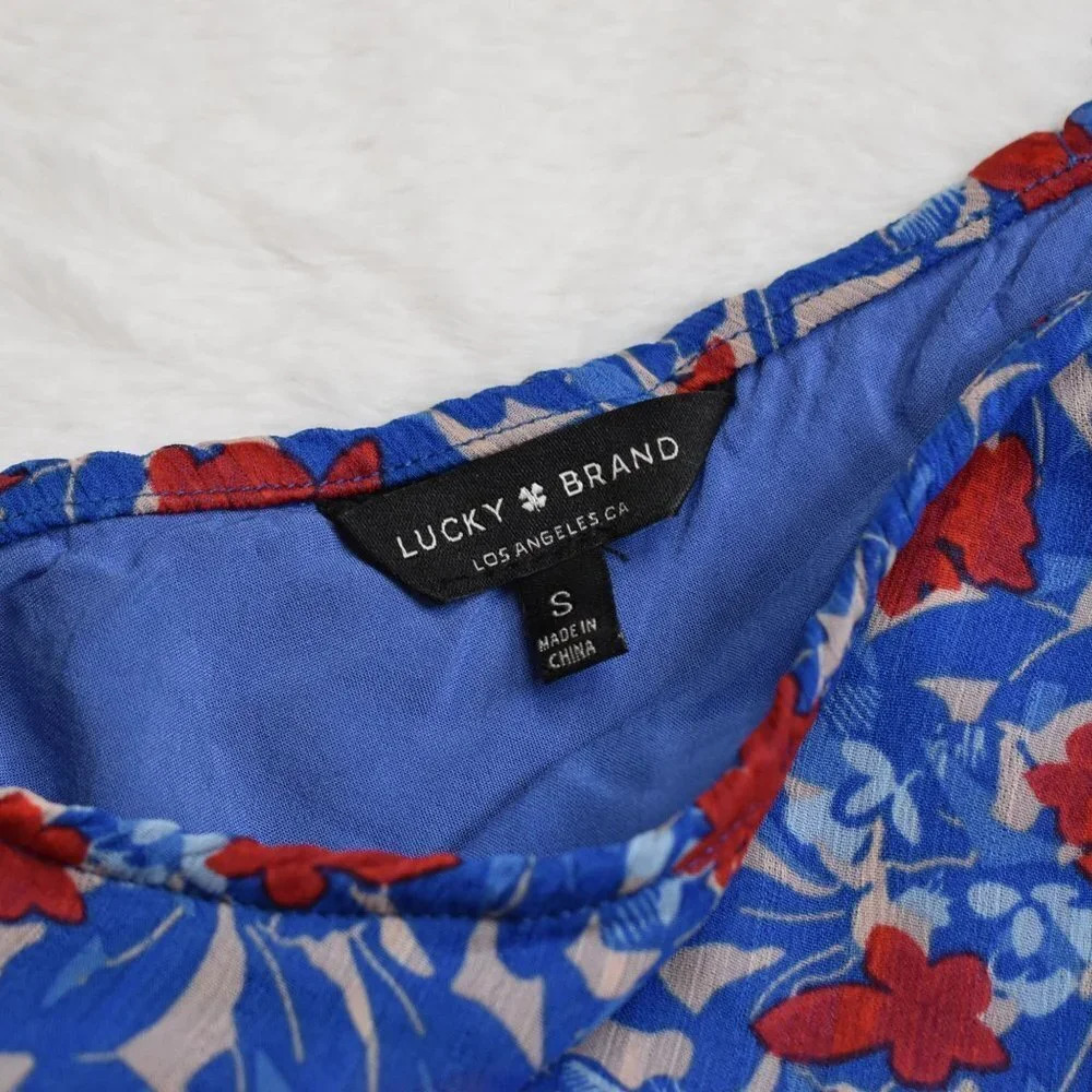 Lucky Brand Floral Chiffon Blouse Sz S Smocked Waist Sheer Boho Beachy - Picture 8 of 13